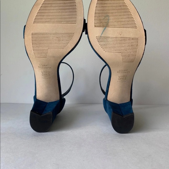 Stuart Weitzman Nearlynude Blue Teal Suede Ankle Strap Block Heel Sandal Size 7 - Picture 7 of 9